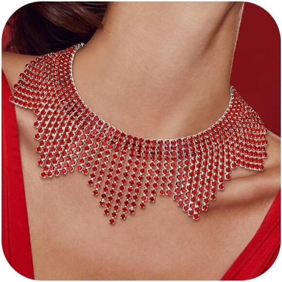 No Brand Jewelry - 🆕 Women Red Sparkly Choker Necklace Rhinestone Crystal Tassel Chain Jewelry